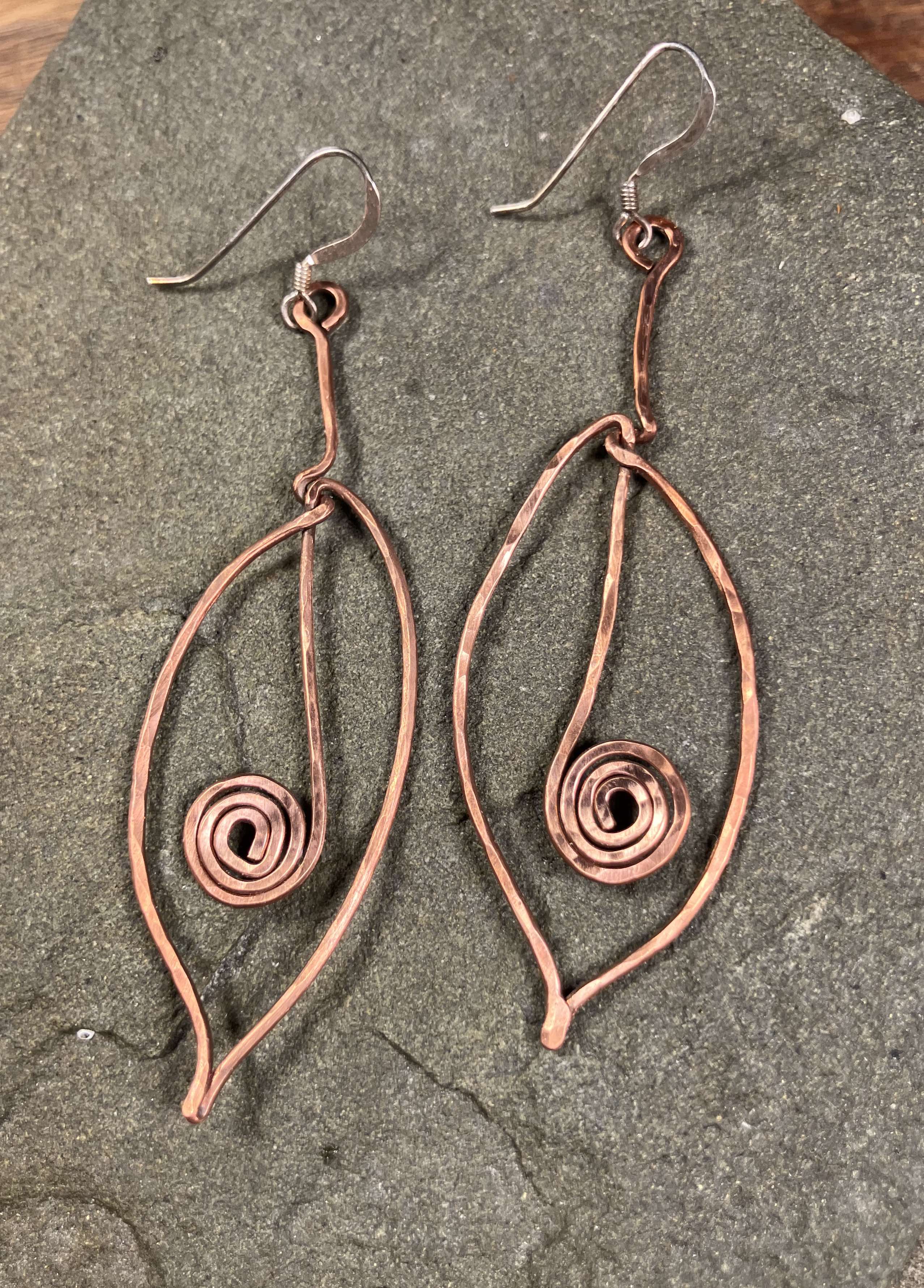 narrow leaf-shaped wire earriings with spiral inside